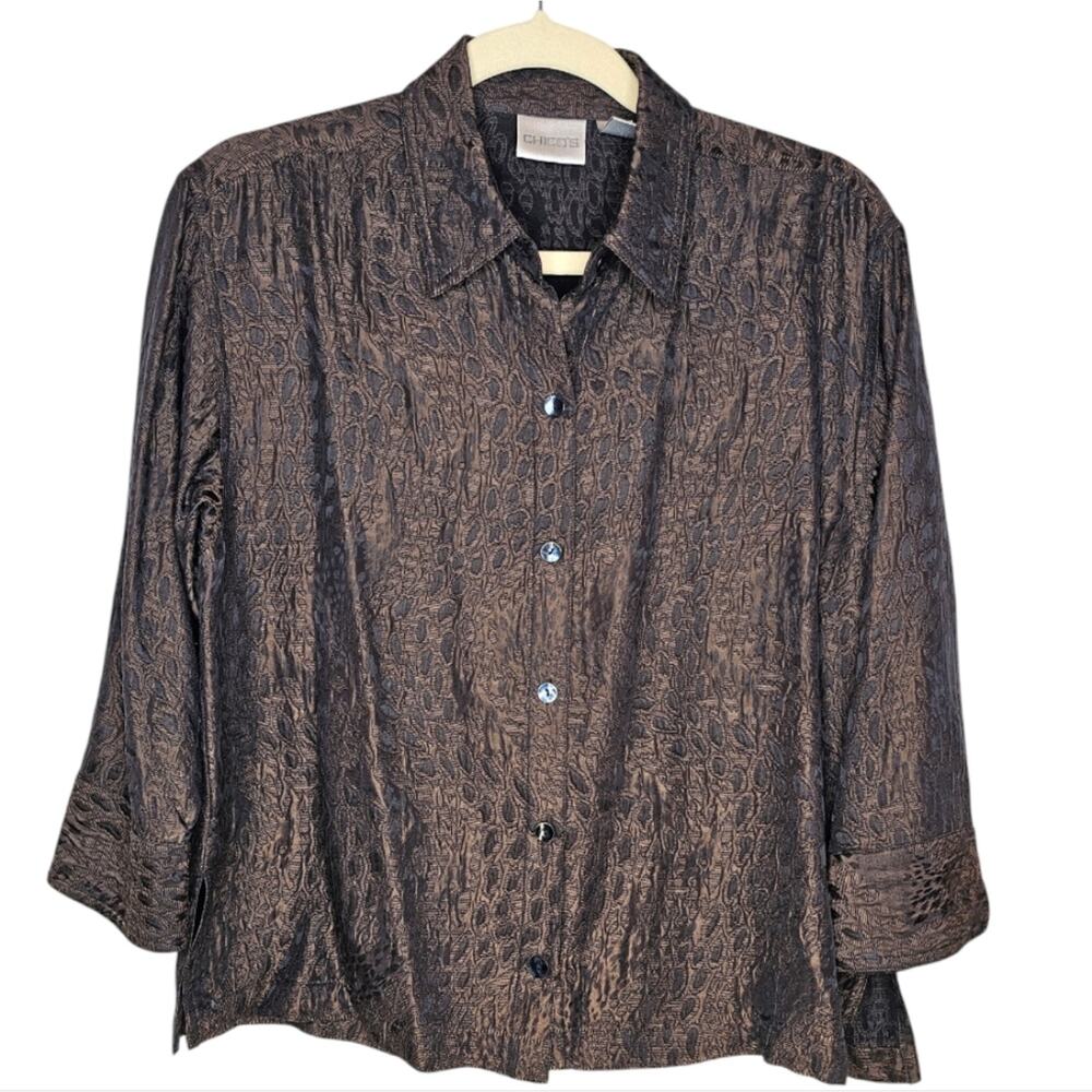 Chico's Silk Blend Button Up Textured 3/4 Sleeve Tunic Top Chico's 0